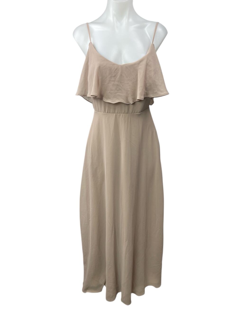 Birdy Grey Beige Nude Sleeveless Ruffle Scoop Neck Bridesmaid Maxi Dress Size XS